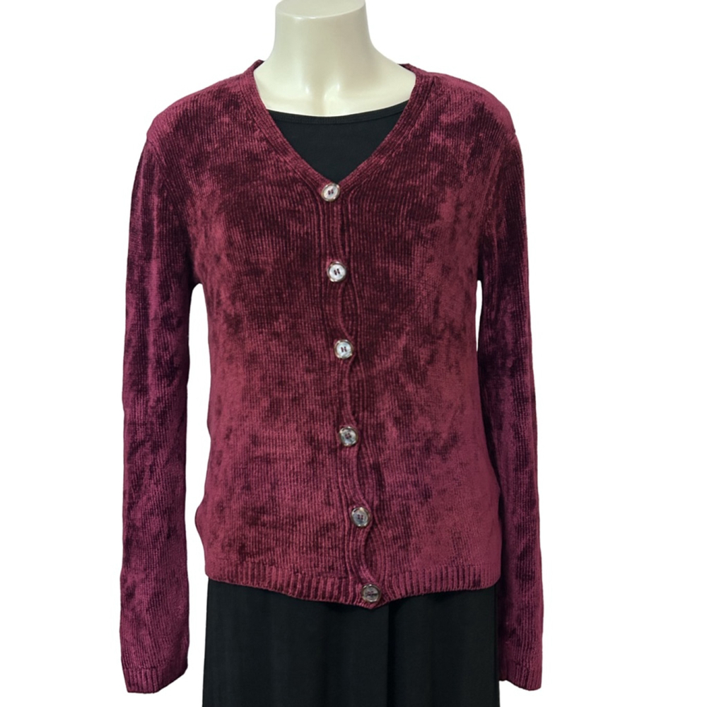 CP Shades Burgundy Velvet Ribbed Button Cardigan Women’s S Rayon